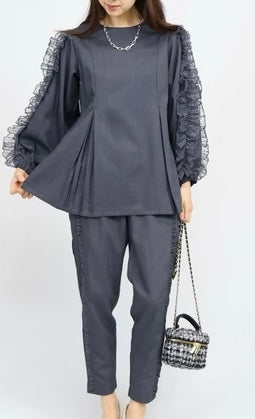 袖フリルドット柄ブラウス プルオーバー