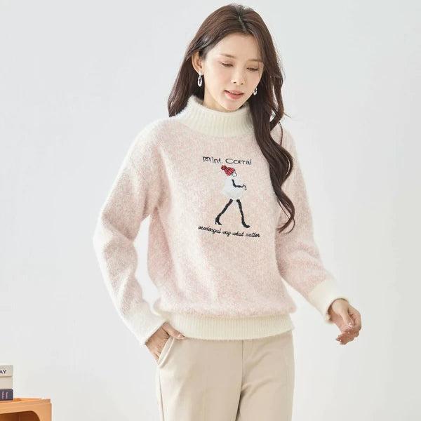 ウォーキングガール刺繍配色ハイネックニット