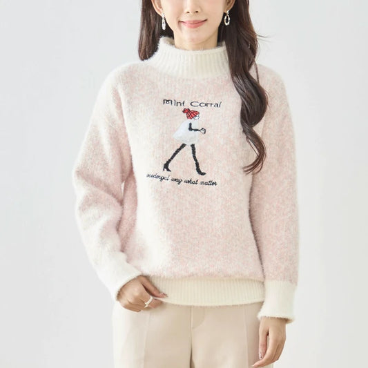 ウォーキングガール刺繍配色ハイネックニット
